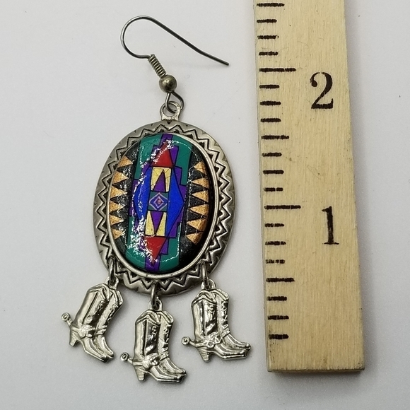 Silvertone Aztec Western Colorful Mosaic Dangle Earrings Cowboy Boots Large - Picture 3 of 9
